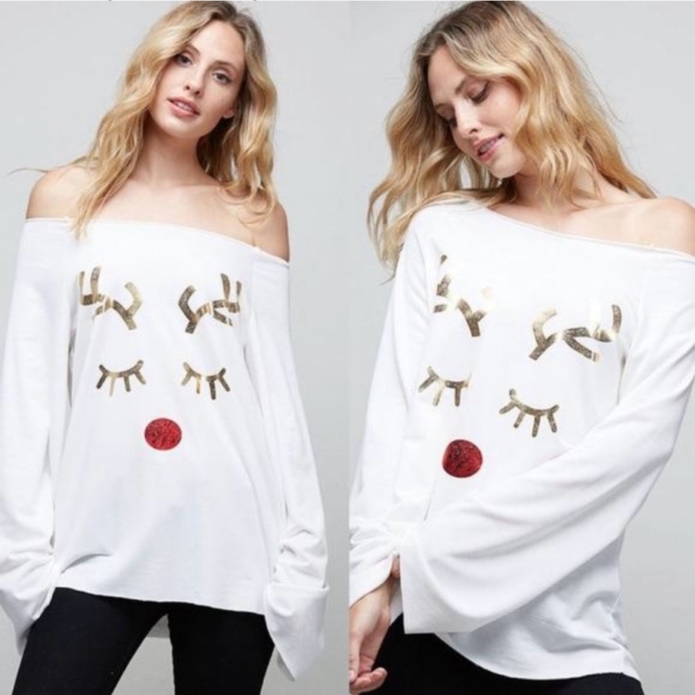 Fantastic Fawn Rudolf The Reindeer White Long Sleeve Top Size Large NWOT
